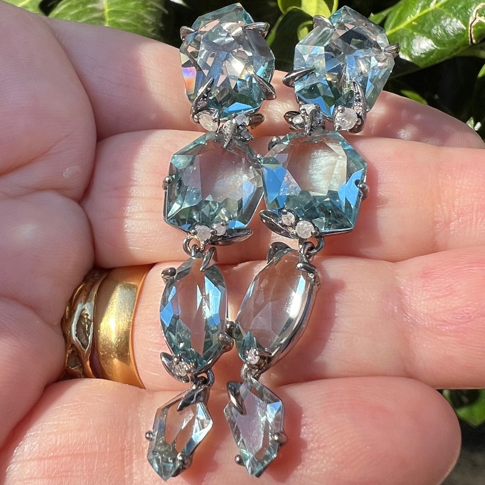ALEXIS BITTAR FINE BLUE QUARTZ GRAY DIAMONDS LONG DROP DANGLE EARRINGS STATEMENT - Picture 1 of 16